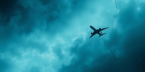 Naklejka premium An eerie blue background with a fracture running through the middle of a wall, contrasting with a serene sky backdrop featuring a plane flying overhead, aviation, background