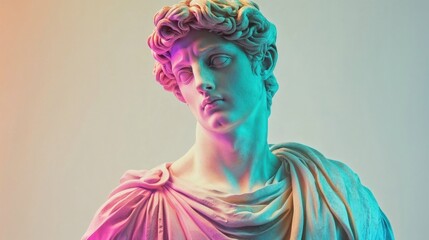 Classical marble statue in contemporary neon lighting. Ancient Greek sculpture bathed in duotone pink and turquoise illumination creates striking modern aesthetic perfect for arts, fashion