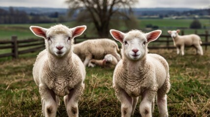 Obraz premium Here's a description and keywords for your image.. Two adorable lambs gaze directly at the camera in a lush green pasture, other sheep visible in the background.