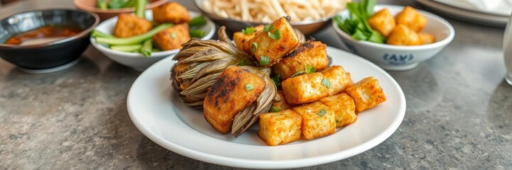 An enticing spread of Asian cuisine featuring crispy fried tofu and delicate tempura artichokes on a beautifully set table, delicious, gourmet