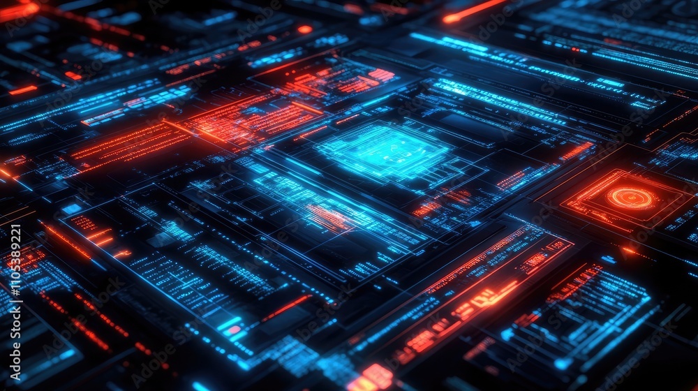 Poster abstract digital art depicting a futuristic circuit board with glowing blue and red lines, showcasin