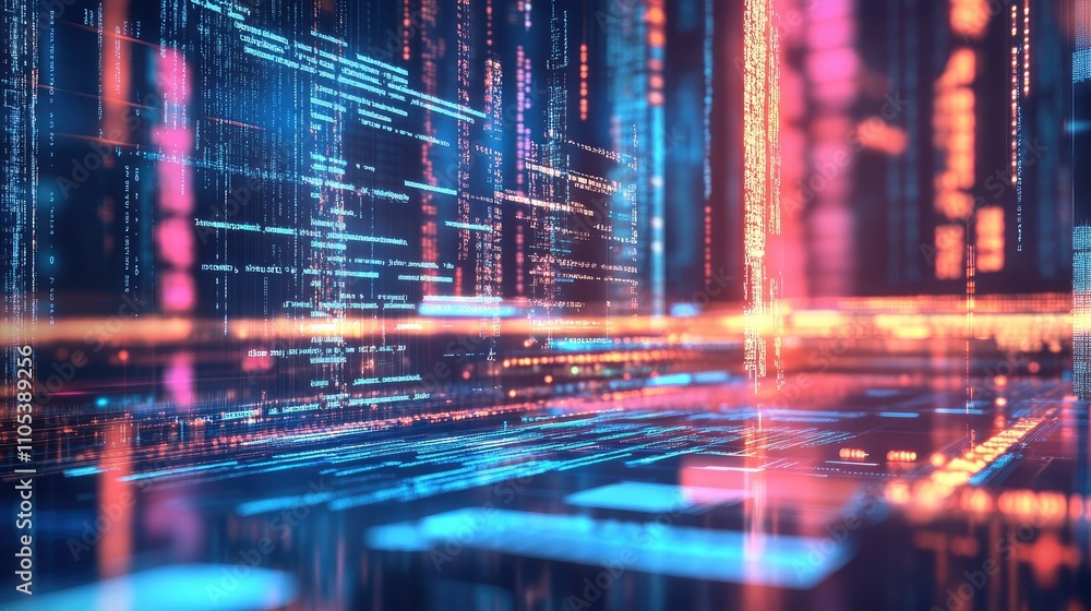 Poster abstract digital landscape with glowing lines of code. a vibrant visualization of data and programmi