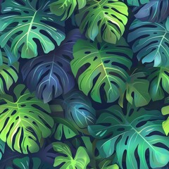 Seamless Pattern, Vibrant Green Tropical Leaves, Jungle Foliage Background, Lush Vegetation