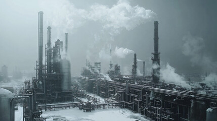 A winter oil refinery with smoke plumes, snowy pipes, and storage tanks under a gray sky.