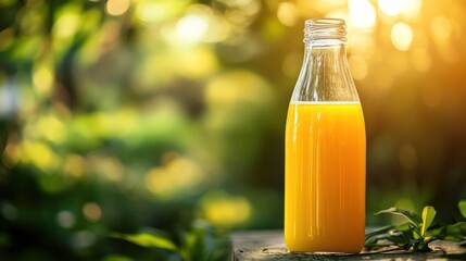 A refreshing juice in a glass bottle, set on a serene green backdrop for hydration