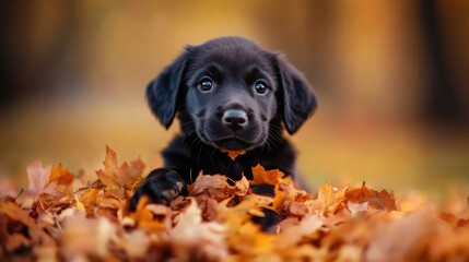 Adorable black Labrador puppy nestled in a pile of autumn leaves. The warm colors of fall create a cozy and heartwarming scene.