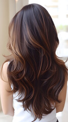 Hair styling. Portrait of a beautiful girl with luxurious curly long hair. Back view.