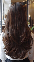 Hair styling. Portrait of a beautiful girl with luxurious curly long hair. Back view.