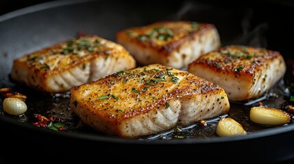 Barramundi steak being pan-seared on a hot cast iron skillet, surrounded by aromatic garlic and herbs, with steam rising