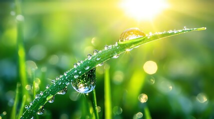 Morning dew on grass blade under sunlight