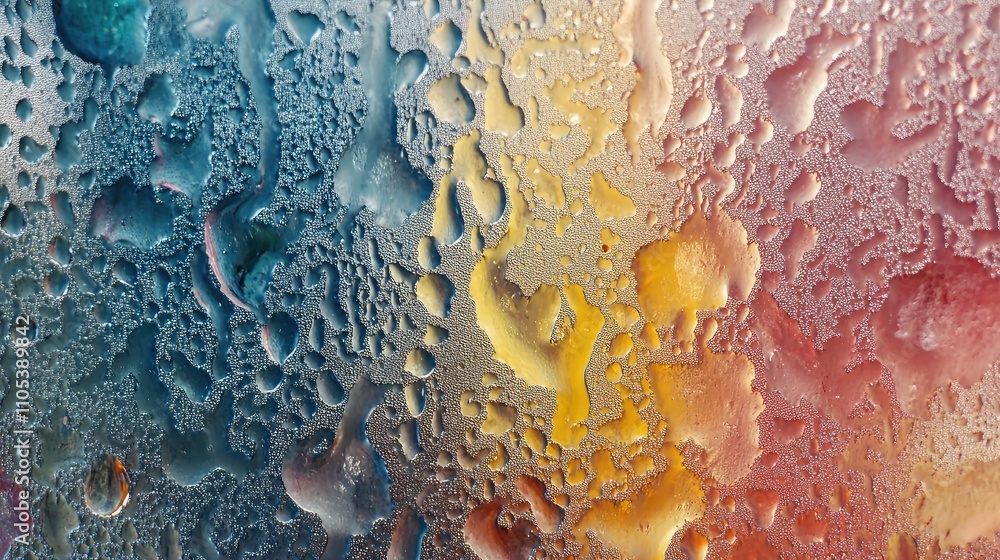Poster abstract close-up of condensation on a glass surface, showcasing a blend of cool blues and warm oran