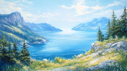 Obraz premium A high vantage point view of a mountain fjord meeting a serene blue sea