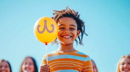 A child holding a balloon shaped like an equal sign, surrounded by smiling faces of different genders