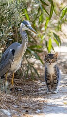 An Unlikely Encounter Grey Heron and Curious Cat Share a Moment in Nature, Wildlife Photo