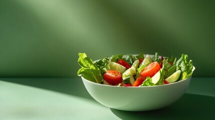A refreshing salad made with organic ingredients, set on a serene green backdrop for balance