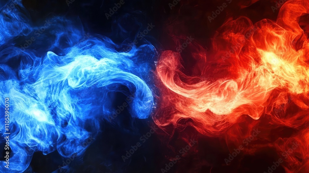 Poster abstract image of vibrant blue and red smoke swirling together, creating a dynamic and contrasting v