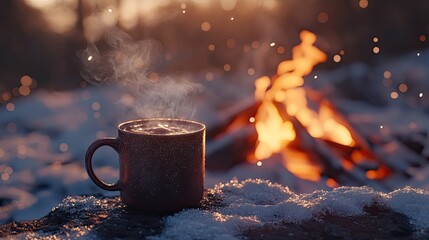 Warmth on a cold winter's day. A steaming mug sits on a snowy surface near a cozy bonfire, creating a scene of tranquil comfort.
