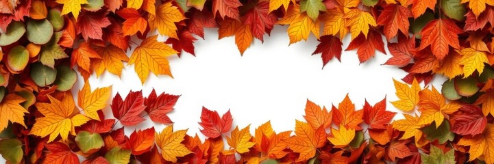 Autumn colored fall leaves cascading in the wind forming a frame with copy space in the center, copy space, foliage