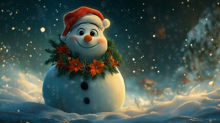 Festive snowman with a Christmas wreath around its neck, sparkling snowy background