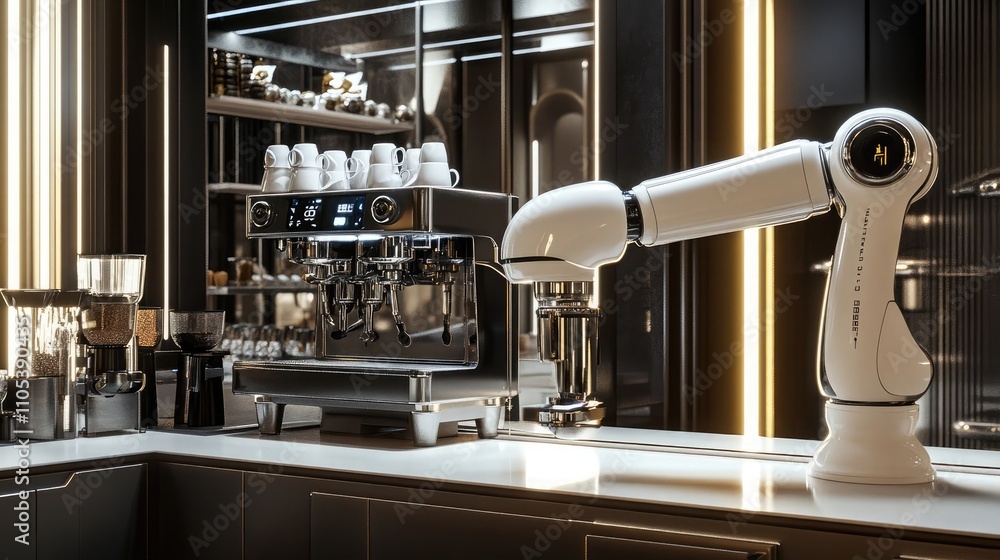 Aufkleber sleek robotic arm expertly handling a modern espresso machine in a stylish café setting. automation 