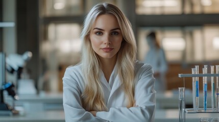 Fair-skinned Eastern European teacher with blonde hair demonstrates gravity experiments in a high-tech physics lab
