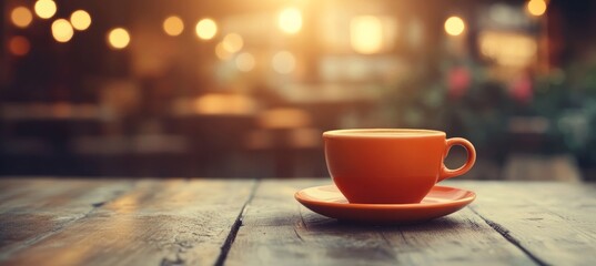 Warm orange coffee cup sits on a rustic wooden table with bokeh from lights in the background
