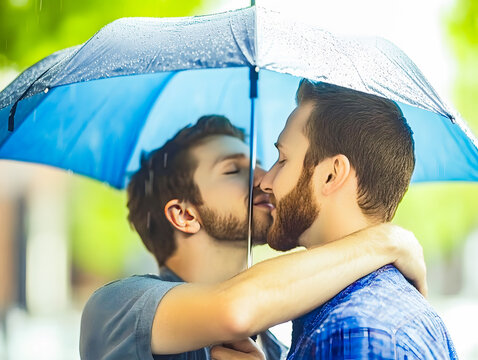 Romantic Kiss Under a Rainy Umbrella