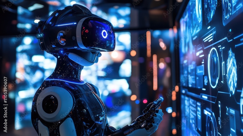 Poster a futuristic robot wearing a vr headset interacts with a large digital display, showcasing advanced 