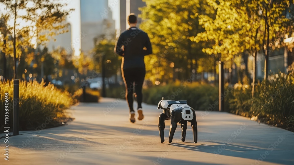 Poster a man jogs down a tree-lined path as a small robot follows closely behind. golden hour light bathes 