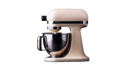 Kitchen mixer with sleek design and shiny bowl on transparent background