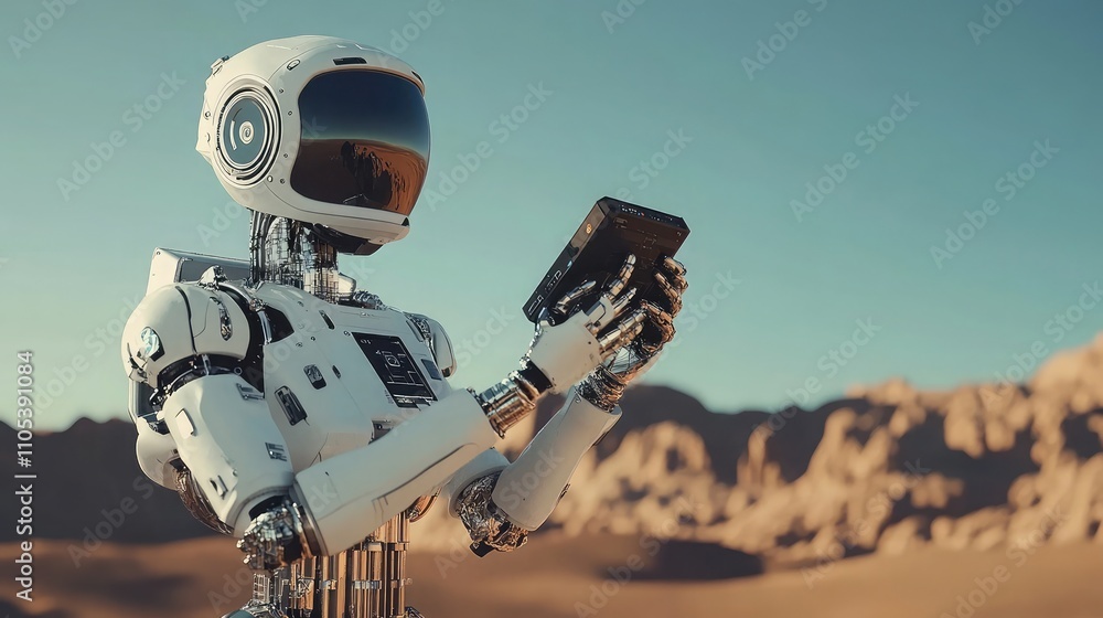 Poster robot with an arm holding a scanning device on a mars-like planet