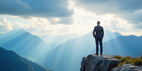 Determined focused businessman in suit standing alone on the edge of a rocky cliff overlooking a vast majestic landscape Symbolic of taking risks facing challenges