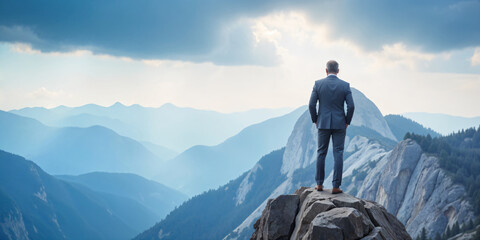 Determined focused businessman in suit standing alone on the edge of a rocky cliff overlooking a vast majestic landscape Symbolic of taking risks facing challenges