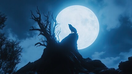 Fototapeta premium A dramatic shot of a wolf howling atop a dead tree against a bright, ominous full moon.