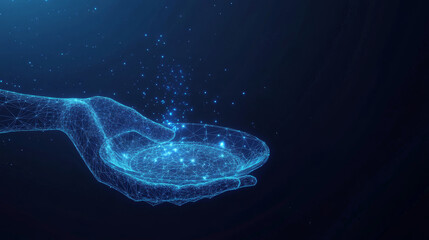 Digital 3d hand holding plate. Abstract vector waiter carrying dish in dark blue background. Best service in restaurant or hotel concept. Low poly mesh wireframe with dots, lines, stars and shapes
