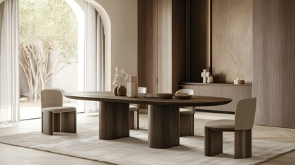 Modern dining room, minimalist design, abstract wood paneling on arched wall, sleek furniture, and warm neutral tones