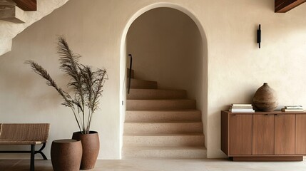 Modern entryway with Mediterranean charm, arched doorway, textured stucco walls, wooden cabinet, and minimalist staircase
