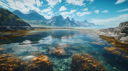 Crystal-clear tide pools at the base of a rugged mountain shoreline