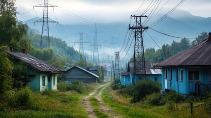 Rustic village with greenery and tall electricity towers in the background