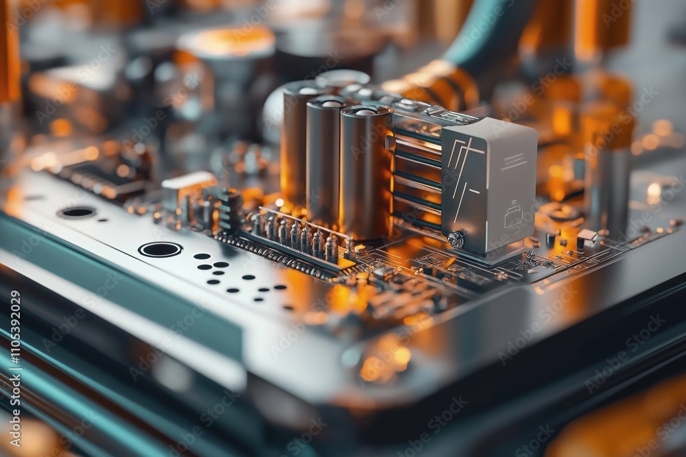 Poster close-up tech equipment design. modern electronic tech component. detailed circuit board. futuristic