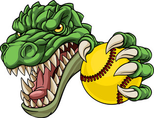 An alligator, crocodile or dinosaur softball or baseball animal sports mascot holding a ball in his claw © Christos Georghiou