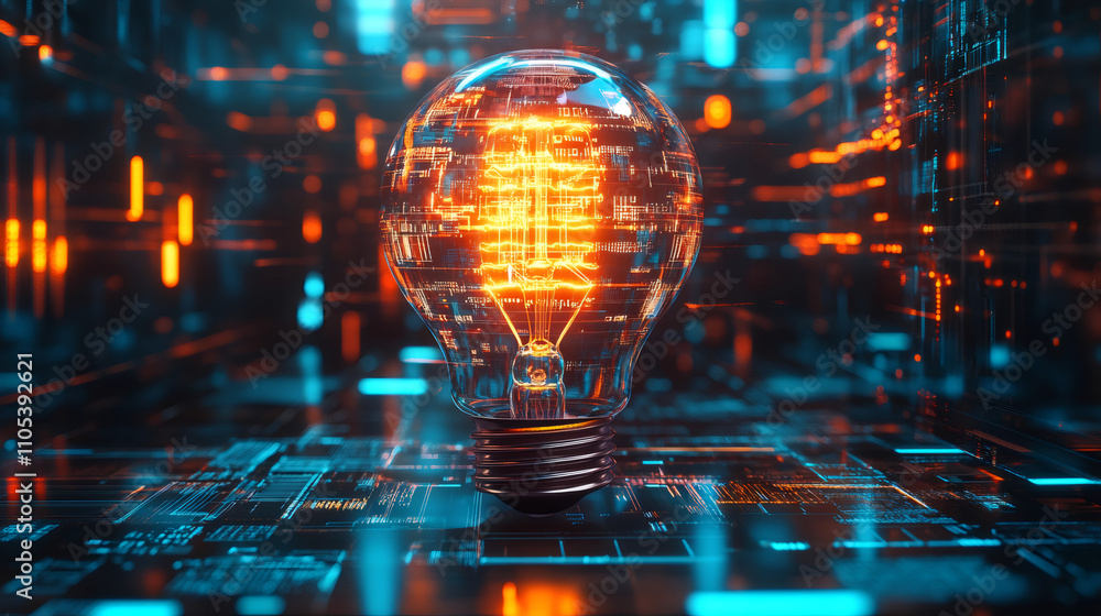 Poster Glowing light bulb with integrated circuitry floating above a circuit board, representing technological innovation and futuristic ideas