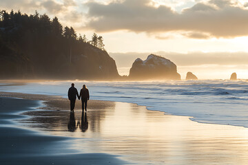 A couple strolling on a sandy beach at sunset, with gentle waves in the background. A perfect image for romantic travel or getaway promotions