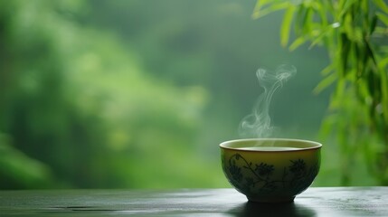 A steaming cup of green tea, with a lush green background symbolizing relaxation and health