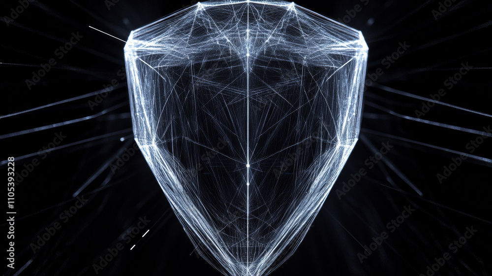 Poster shield. protect or security low poly wireframe sign with glitch effect. abstract vector illustration