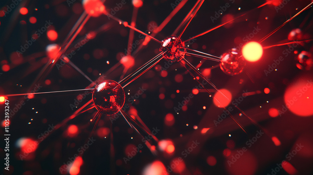 Fototapete Dynamic lines connecting red spheres to symbolize data exchange and interconnection in a technological or scientific context