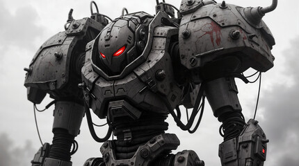 Fototapeta premium Menacing Battle Robot with Glowing Red Eyes in Dark Metallic Armor, Combat Mech Design with Weathered Details and Blood Stains, Futuristic Military Technology