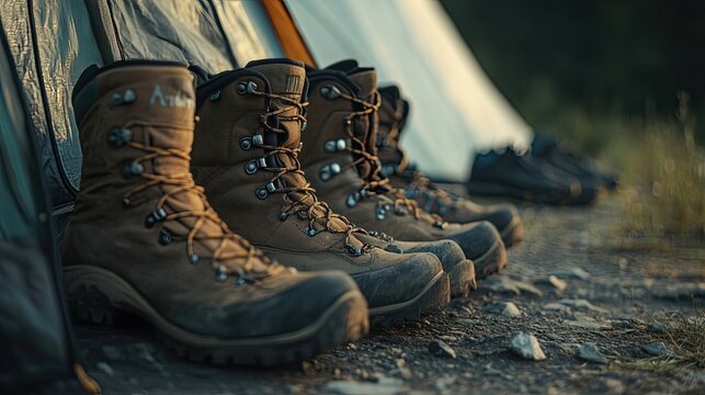 Close-up of a row of sturdy brown hiking boots near a tent, suggesting a camping or outdoor adventure. The warm lighting and earthy tones create a cozy atmosphere.