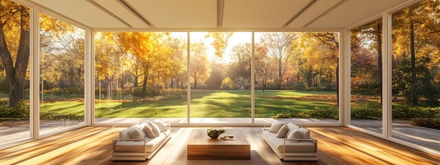 A sunroom with large windows, a wooden floor, and a table in the center of it overlooking a green lawn and trees