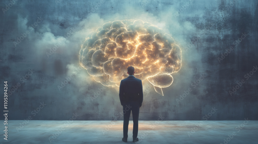 Poster businessman standing in front of a large glowing digital brain representing artificial intelligence,